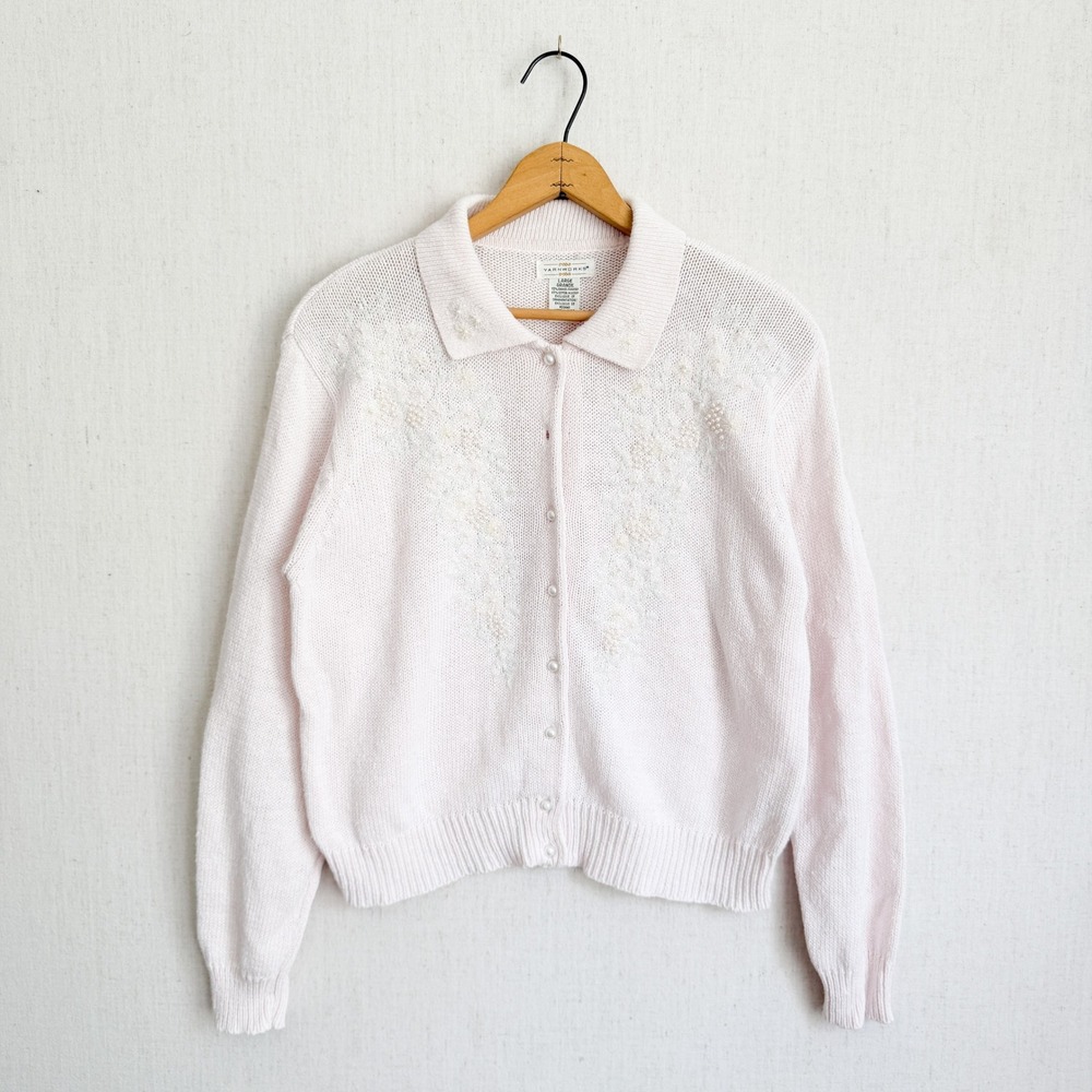 Yarnworks‎ Cardigan Beaded Floral Sequin Pearl Button Large Pink Ramie Cotton L